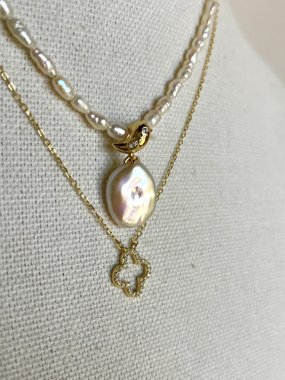 2 Necklace Cultured Pearl Rice Bead Layered Necklace Baroque Pearl Bird Pendant
